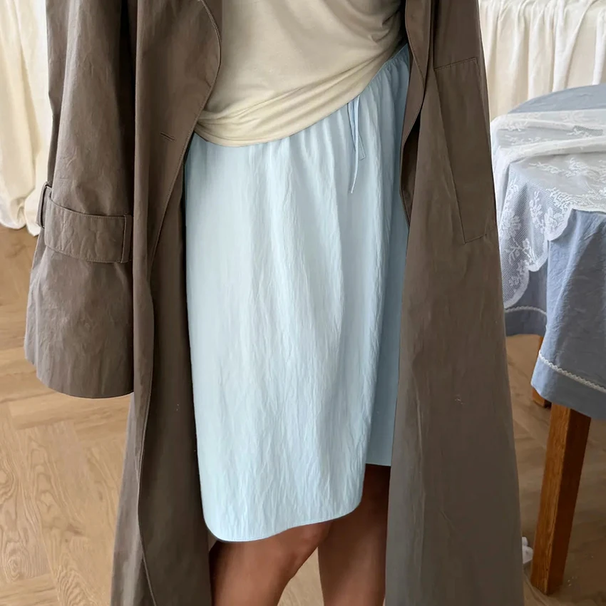 Yellow Casual Woven Inelastic Woman'S Shorts Skirt Soild Color Crinkle Knee-Length Skirt With Liner High Waist Drawstring Bottom