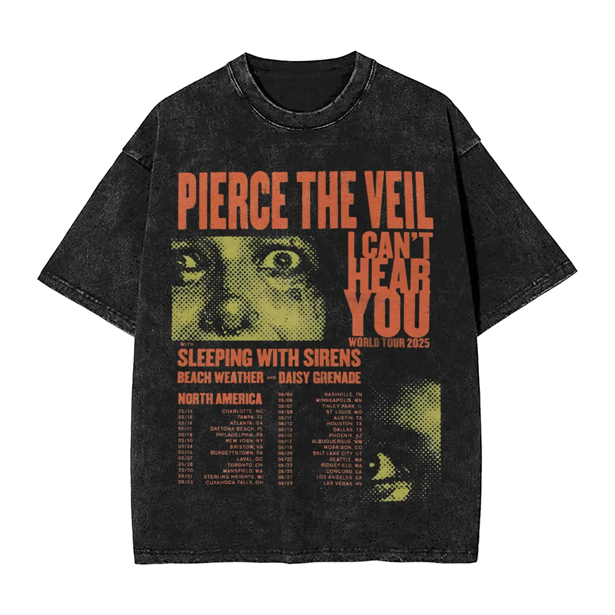 Pierce The Veil I Can' Hear You World Tour Washed T Shirt for Men Women Streetwear Hip Hop T-Shirt Summer Tees Tops Cotton