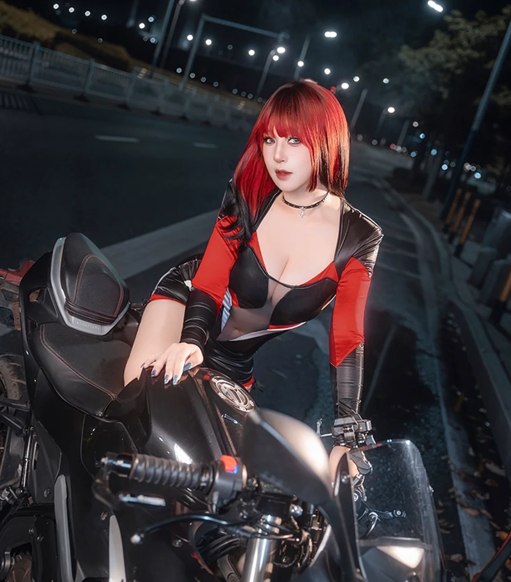 

2025 NEW DirtyTech Red and Black Sexy Tight Gloss Splicing Mesh Elastic One-piece Uniform Motorcycle Suit Cosplay Anime