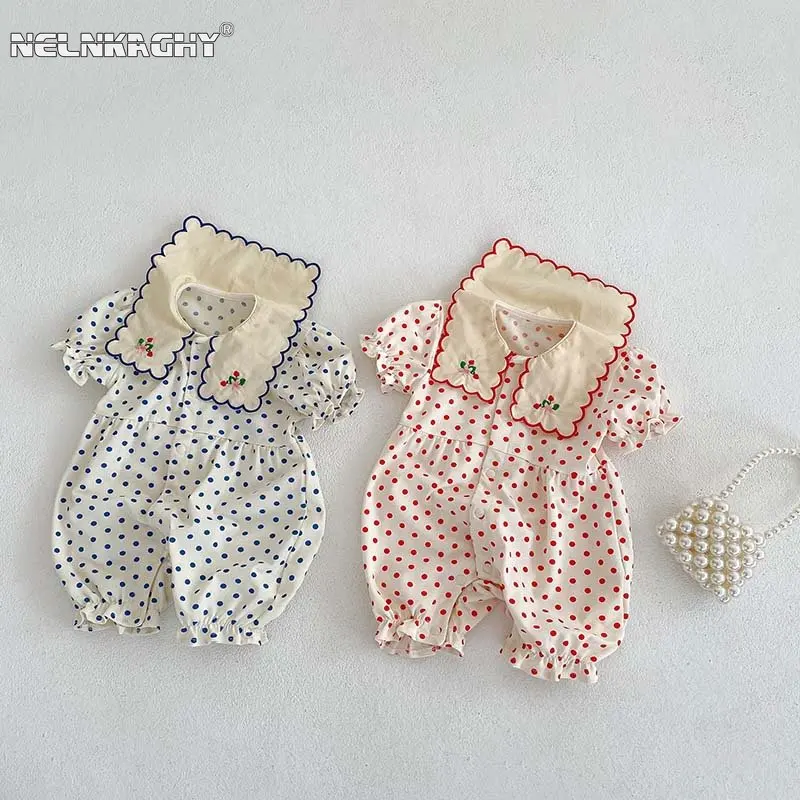 2023 New In Summer Puff Sleeve Dot Embroidery Flower Ruffles Outfits Infant Kids Baby Girls Jumpsuits Newborn Cotton Romper