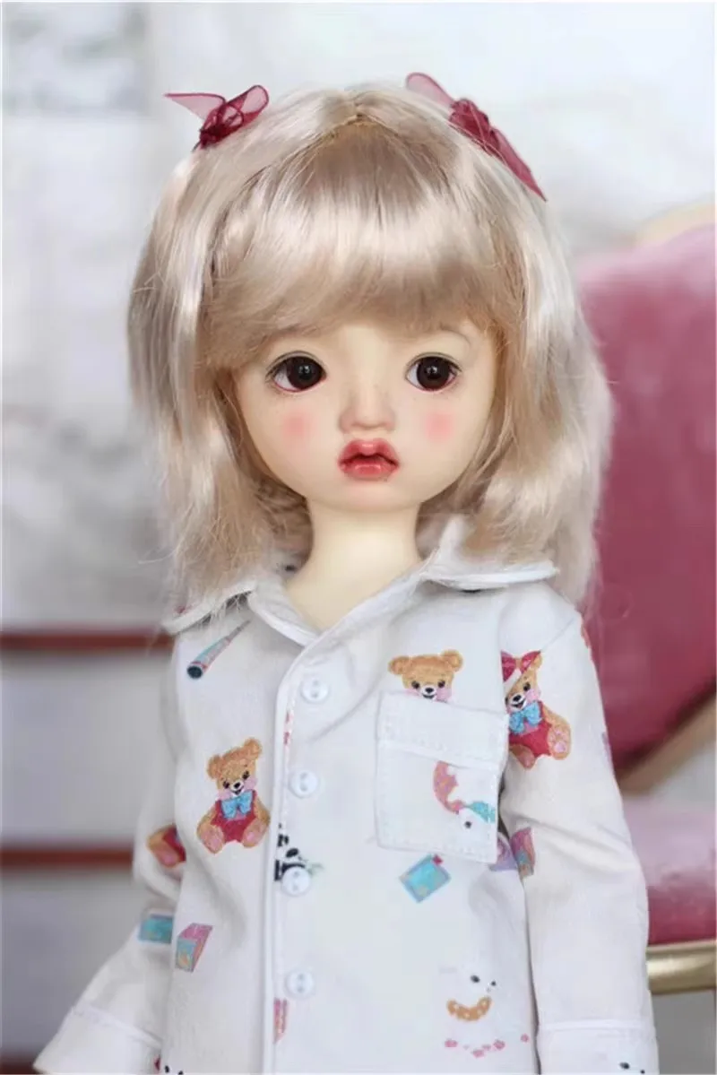 BJD Doll Girls Cute Wig 1/6 1/4 1/3 Milk Silk Natural Butterfly Knot Cute Toy Shoulder-Length Hair Wig Doll Accessories(no doll)