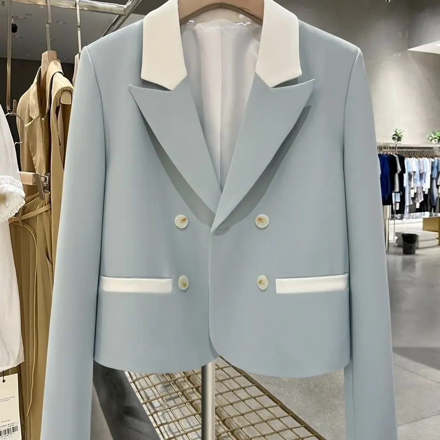 Splicing Short Long Sleeved Suit Jacket Light Blue Casual Single Room Suit Jacket Blazers Womens Clothing Office Outfits Women