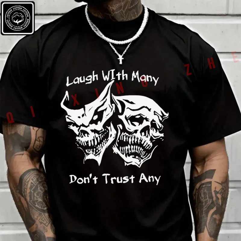 2026 Men T Shirt Funny Skeletal Face With Laugh With Many Don't Trust Anyone Print Moto T-Shirt Cotton Summer Short Sleeve Tops