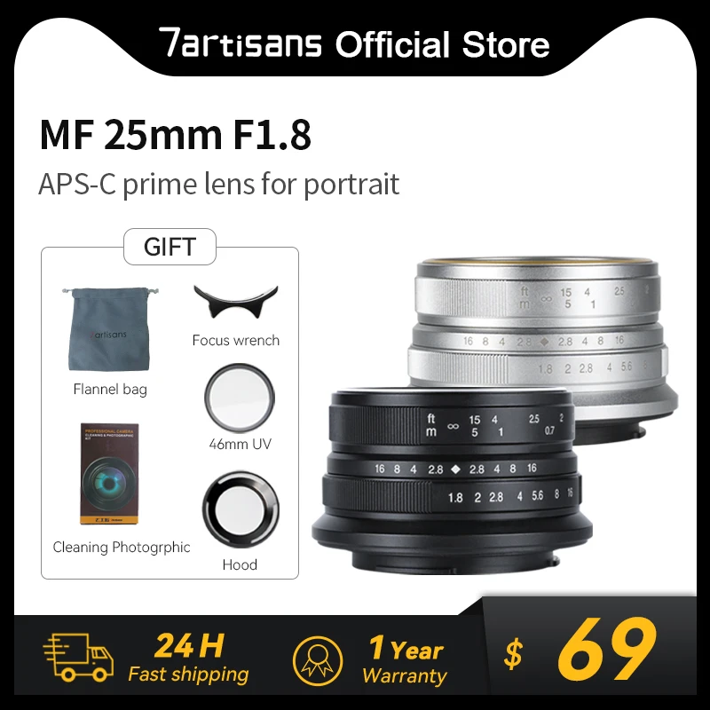 

7artisans 7 artisans 25mm F1.8 Manual Focus Prime Lens for Sony E Zev-10 A6000 A6500 A7 Fujifilm FX X-T4 Canon EOS-M Micro 4/3