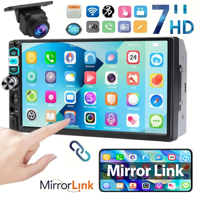 Car Multimedia Player Featuring FM Radio, USB Mirror Link, Video Stereo, And AUX Input with a 7 Inch 2 Din Panel Headunit.