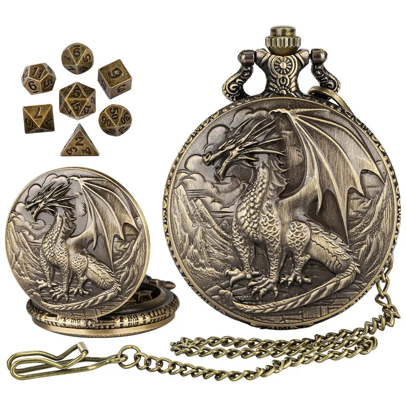 

Vintage Carved Dragon Pocket Watch Case Pendant Chain 7 X Tiny Polyhedral Metal Dice Set Gaming Accessory for Role Play