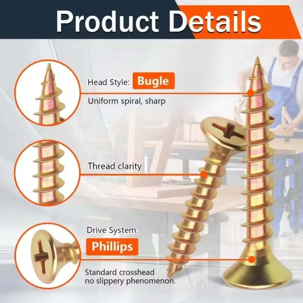Boxed M 3.5 Self-Drilling Wood Screws Wood Screw Coarse Thread Deck Screws Carbon Steel Self Tapping Flooring Nails Woodworking