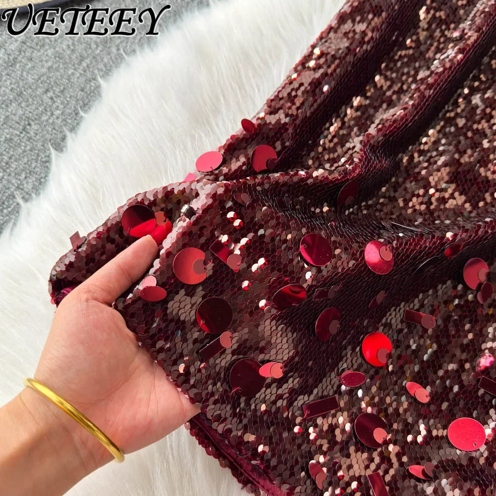 Vielseitige funkelnde Pailletten-Schlankheitsröcke für Damen, Herbst-Winter-Mode, hohe Taille, hüftumwickelte, burgunderrote lange Röcke