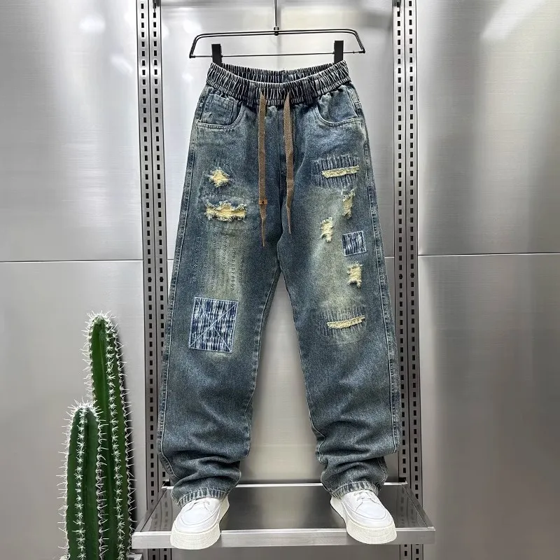 Fashion Loose Hip Hop Harajuku Street Jeans Retro Distressed Straight elastic waist Pants High Quality Luxury Brand Men Clothing