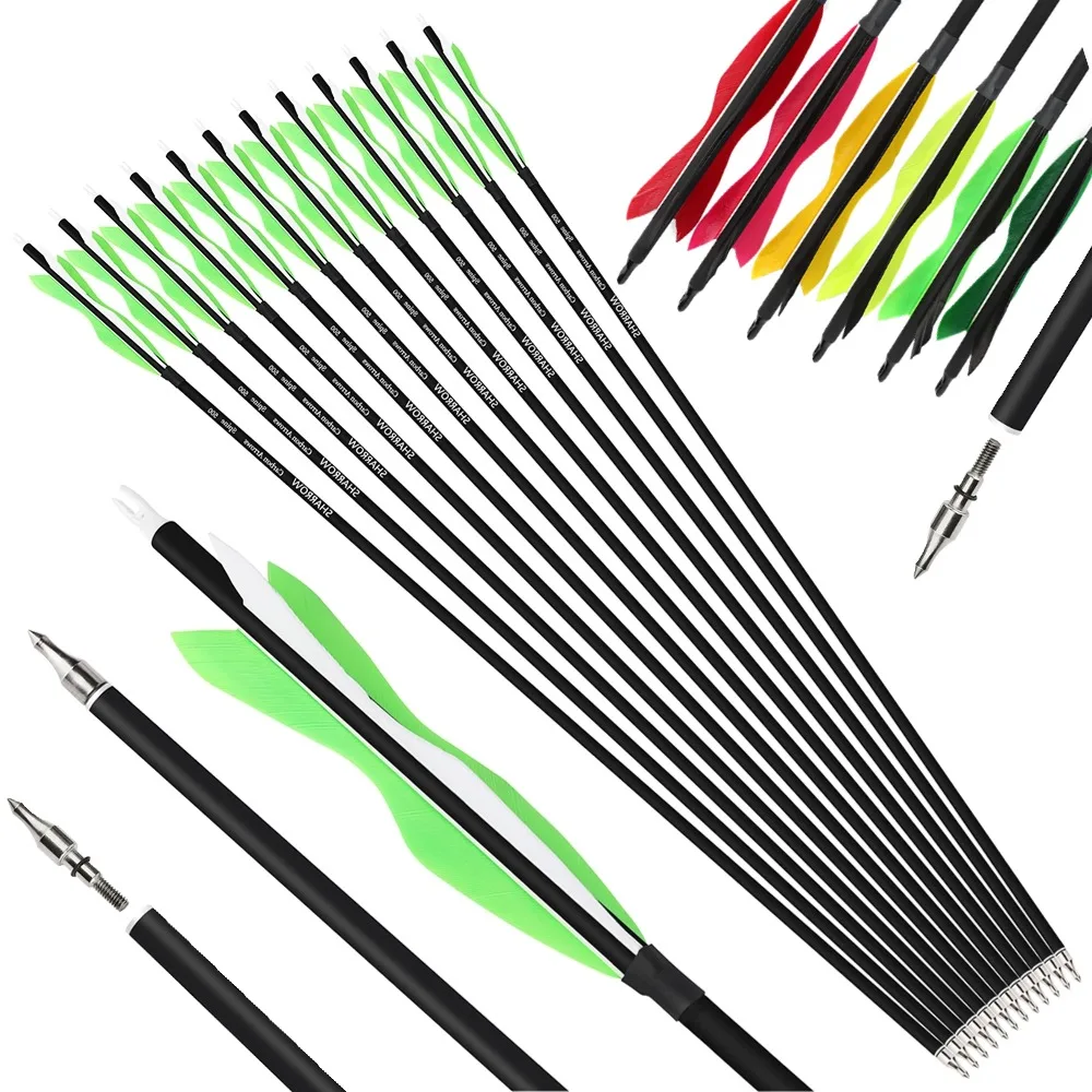 

6/12pc 31.5 Inch Carbon Arrow OD 7.8mm SP 500 Insert Nock 5" Turkey Feather Traditional Bow Longbow Recurvr Bow Archery Hunting