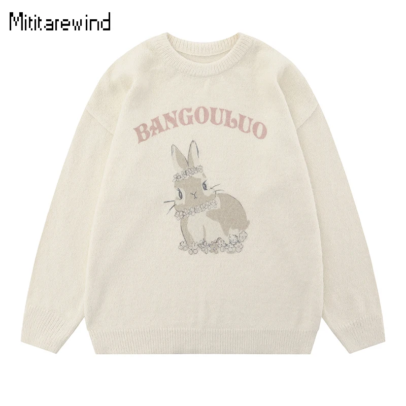 

Autumn and Winter Long Sleeve Knitwear Men High Street Rabbit Print Sweaters Loose Casual Round Neck Pullovers Youth Fashion Top