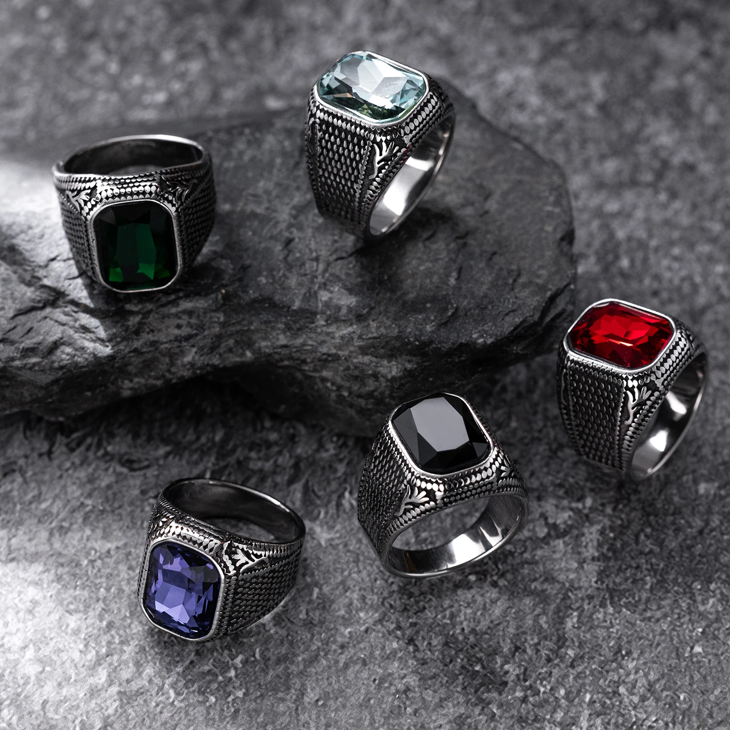Vintage Style 316L Stain Steel Men\'S Ring, Square Faceted Synthetic Faux Gemstone, Fashion Retro Pattern, Single Ring Jewelry