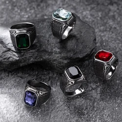 Vintage Style 316L Stain Steel Men'S Ring, Square Faceted Synthetic Faux Gemstone, Fashion Retro Pattern, Single Ring Jewelry