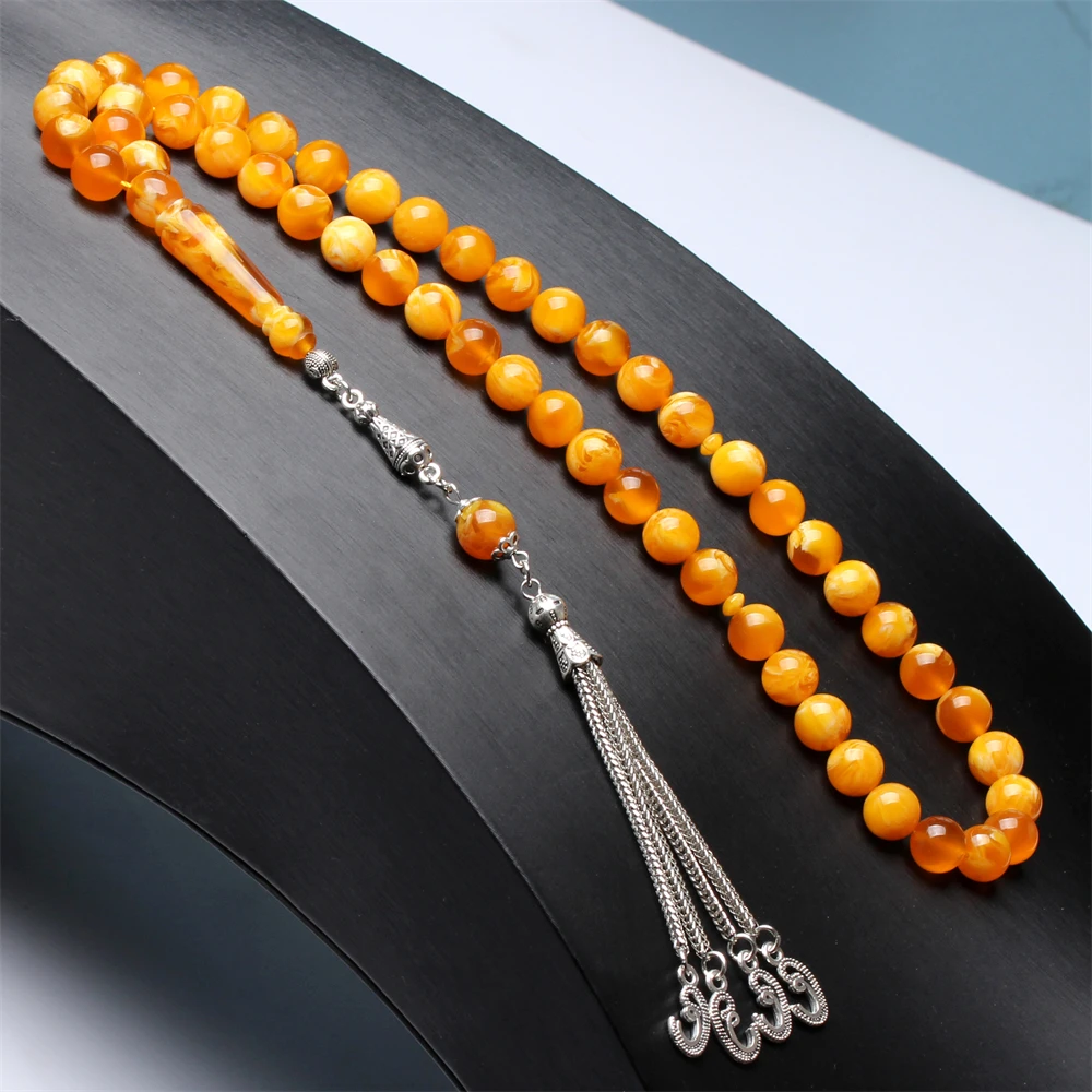 Muslim Rosary Ambers Color 10mm Tasbih gift Ramadan Silver metal tassel Man's Tarbons Misbaha Islamic Tasbeeh