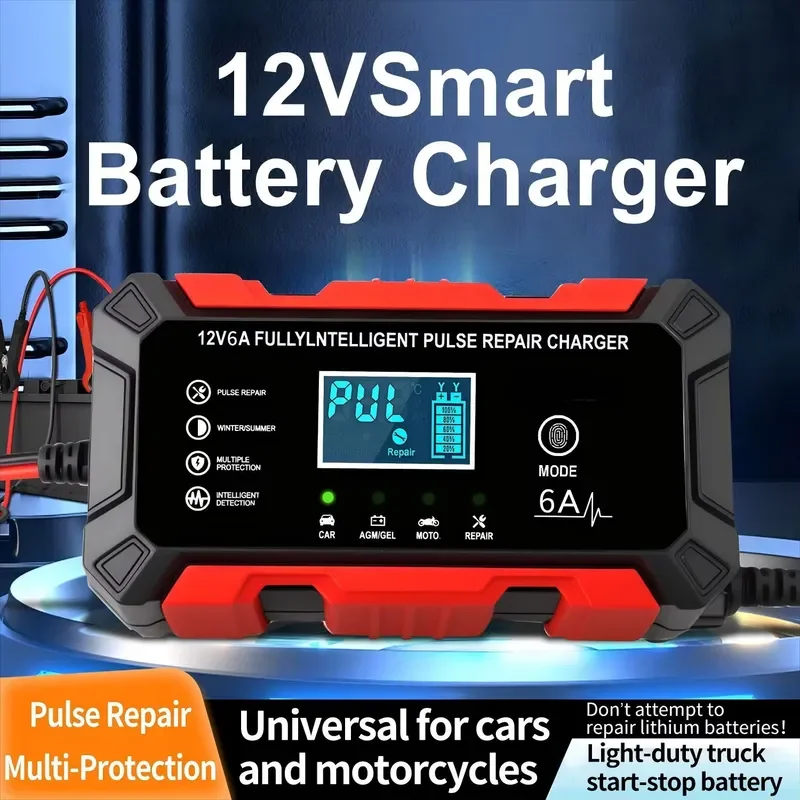 12V 6A Lead-Acid Battery Charger, Pulse Maintainer for Car Motorcycle Electric Vehicle, Intelligent Auto Stop