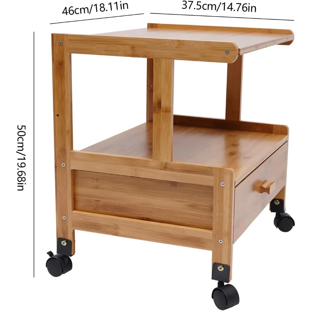 2 Tiers Wood Storage Cart with Wheels Drawer Office Printer Stand Office Rolling Cart Printer Cart for Office Library