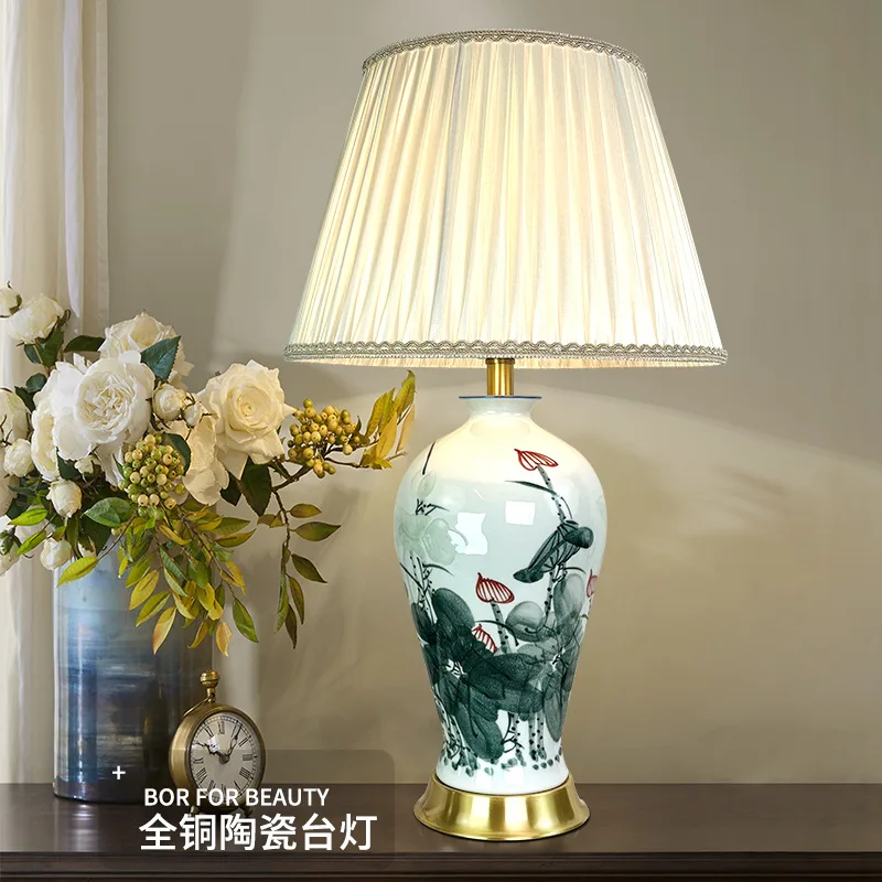 Chinoiserie Lotus Porcelain Table Lamps Gold Base White Pleated Fabric Shade Bedroom Living Room American Minimalist Desk Lights