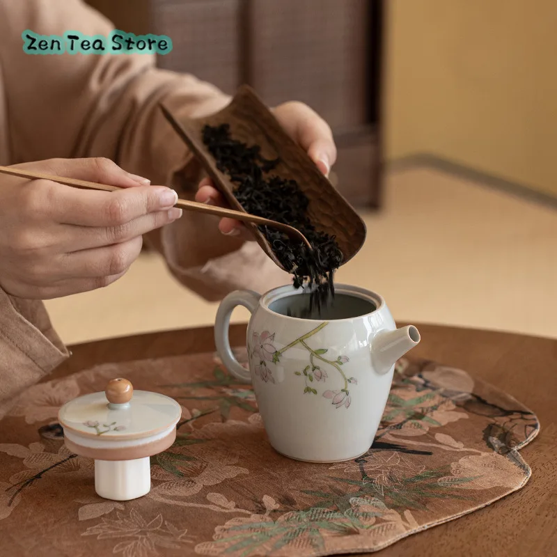 Antique Green Hand-painted Magnolia Handmade Ceramic Teapot Kung Fu Tea Set Teapot Holding A Single Pot Kung Fu