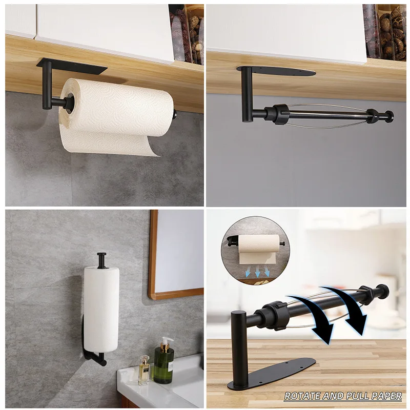 Black cabinet perforation-free kitchen paper towel holder   Damped stainless steel paper towel holder   Wall mounted roll holder