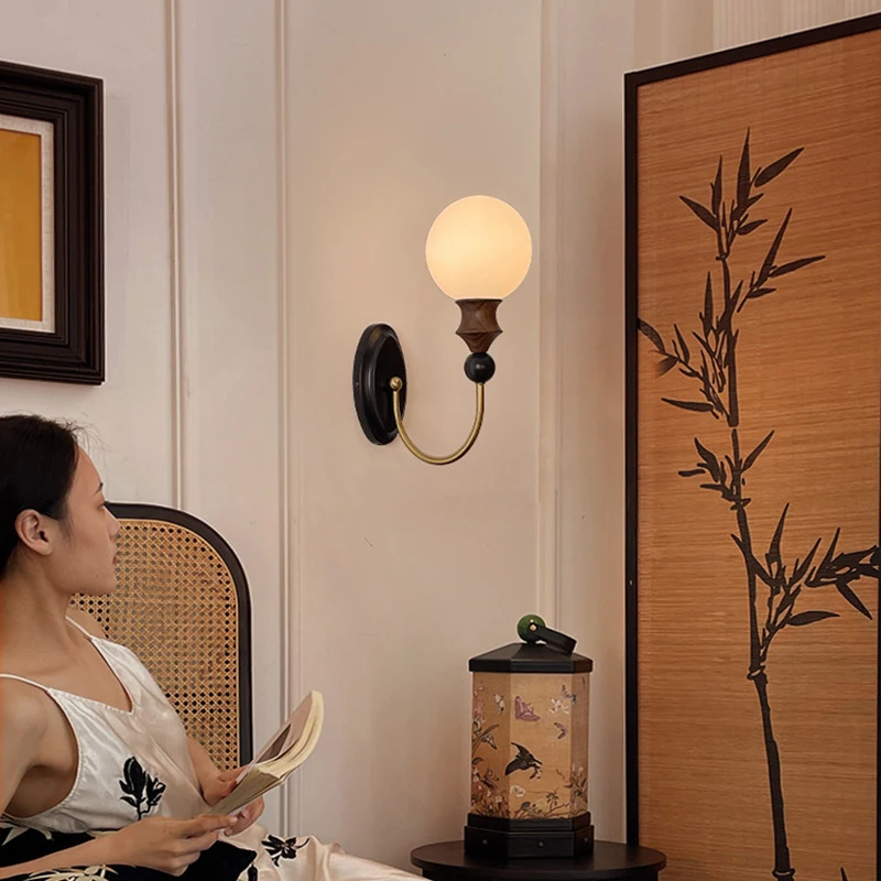 Wabi sabi Solid Wood Wall Lamp With Glass Lampshade for Bedroom Bedside Lights Dining Room Living Room Aisle Indoor Lighting image 4