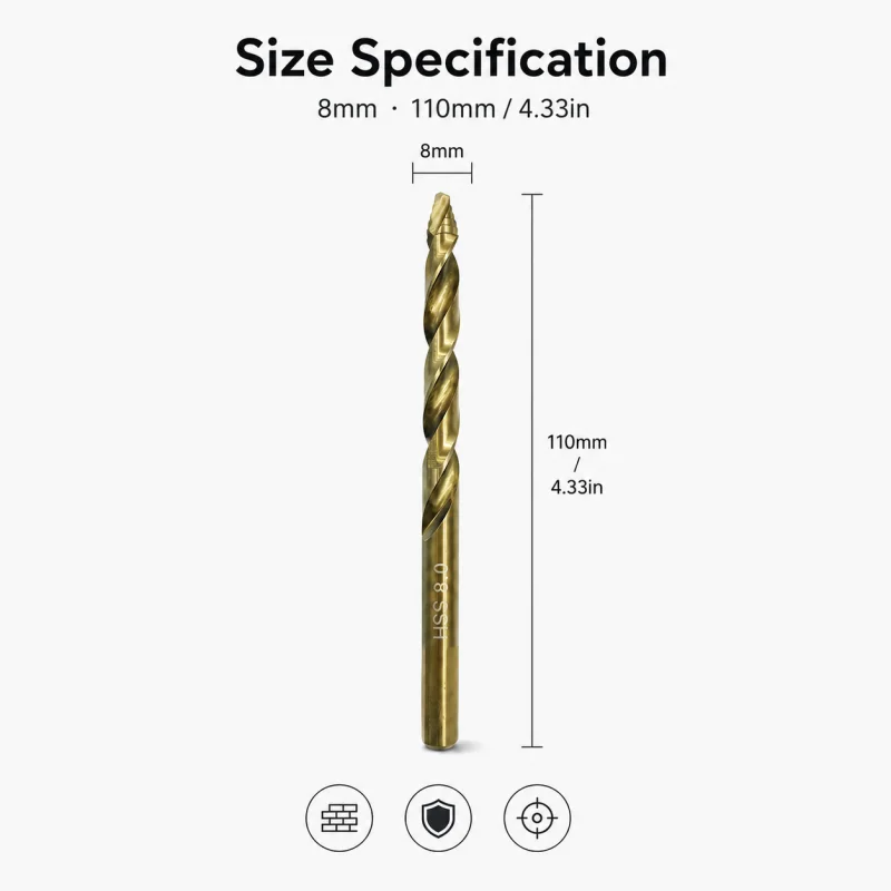 8mm Titanium Coated HSS Twist Drill Bit Single Straight Shank for Metal Wood Plastic DIY Drilling Work