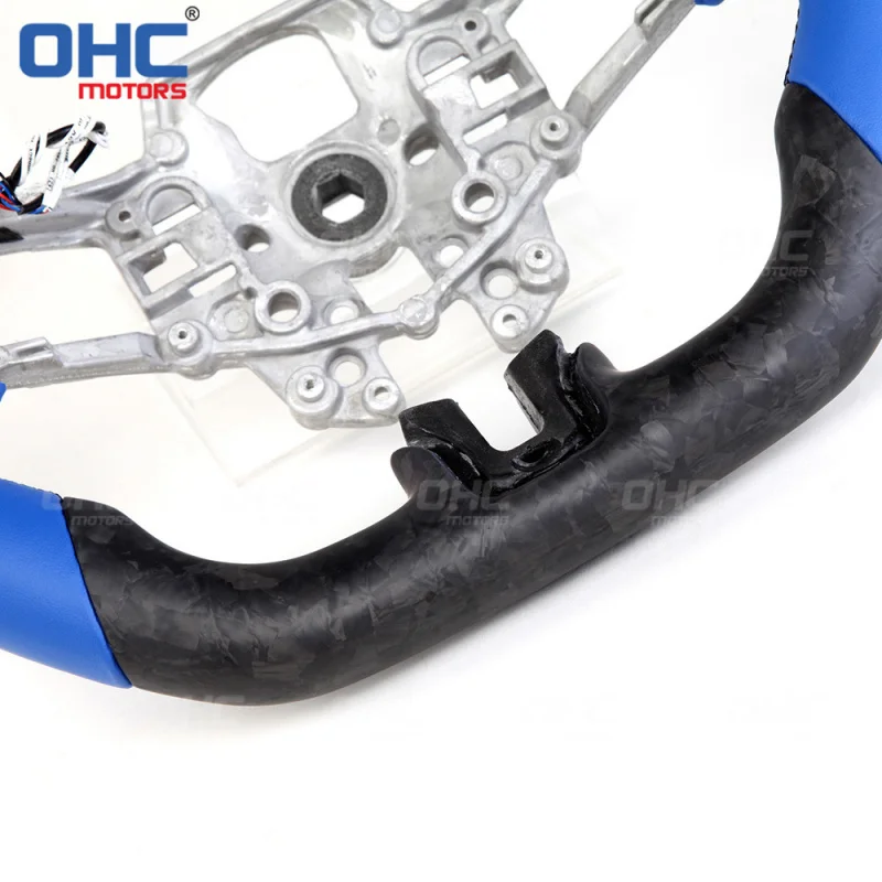 For Mustang blue smooth leather + matte Forged texture LED car steering wheel modification racing