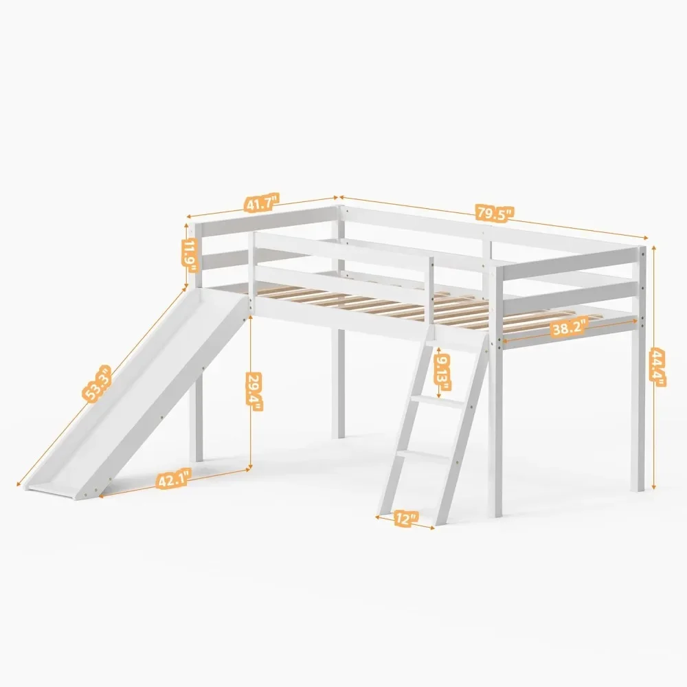 Low Loft Bed with Slide, Wood Twin Loft Bed Frame with Climbing Ladder & Storage Space for Kids Toddler