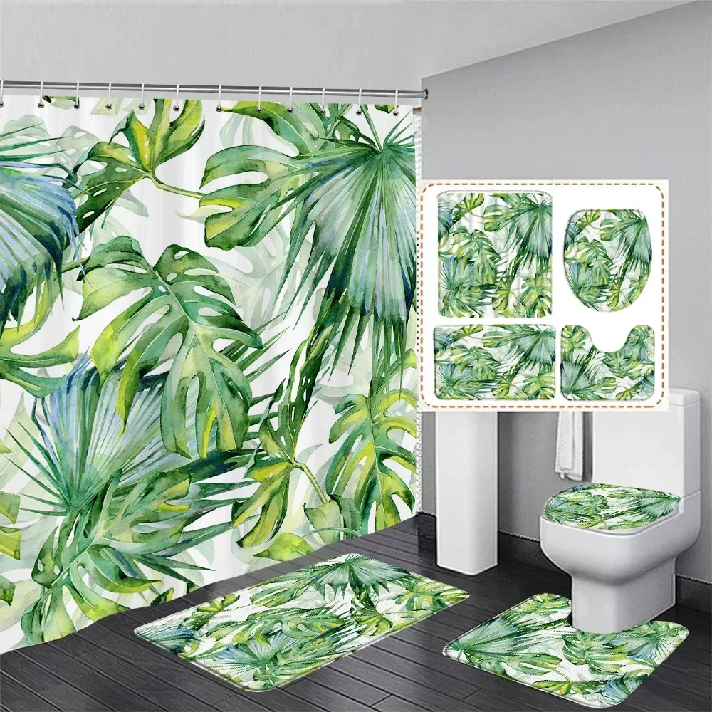 Tropical Leaves Shower Curtain Set Watercolour Plant Monstera Green Leaf Home Bathroom Decor Floor Rug Bath Mat Toilet Lid Cover