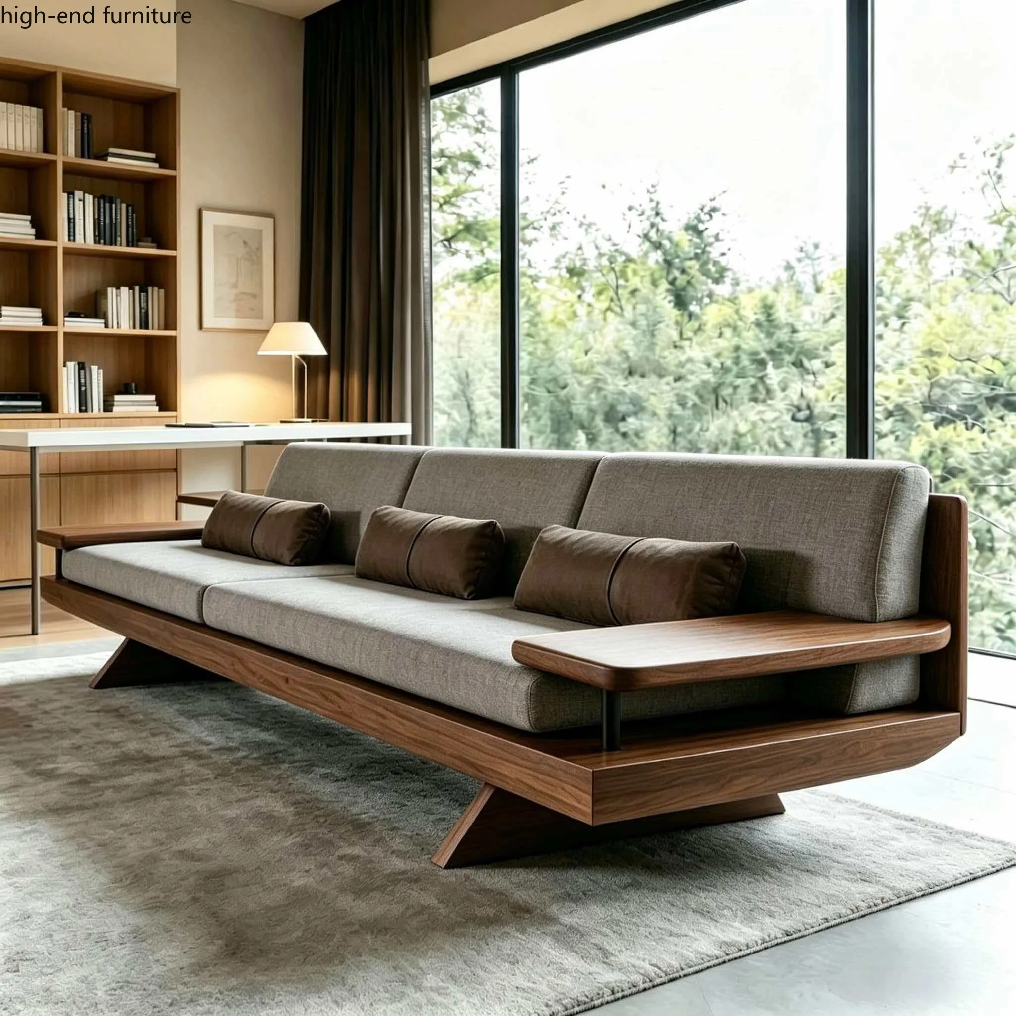 New Chinese black walnut color, solid wood sofa, new modern simple and high-end living room fabric sofa