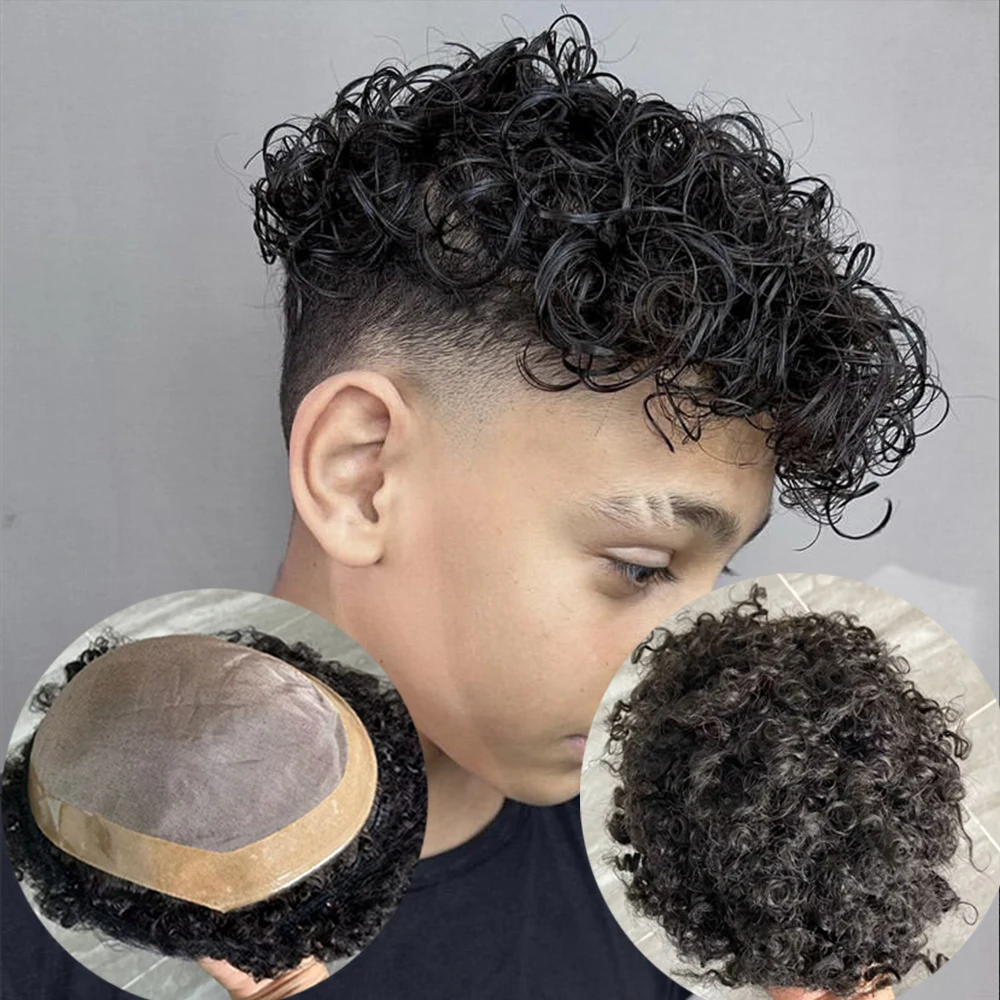 Tupé de cabello humano rizado para hombres, Base de PU Mono fino duradero, postizo de aspecto Natural, negro, marrón, Rubio, 15mm