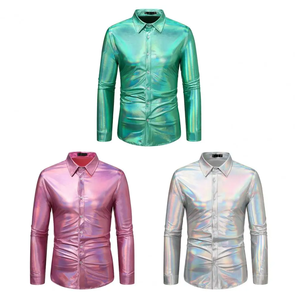 

Men Disco Shirt Shiny Golden Sequin Metallic Dress Shirt Lapel Long Sleeve Party Shirt Stage Costume camisa masculina