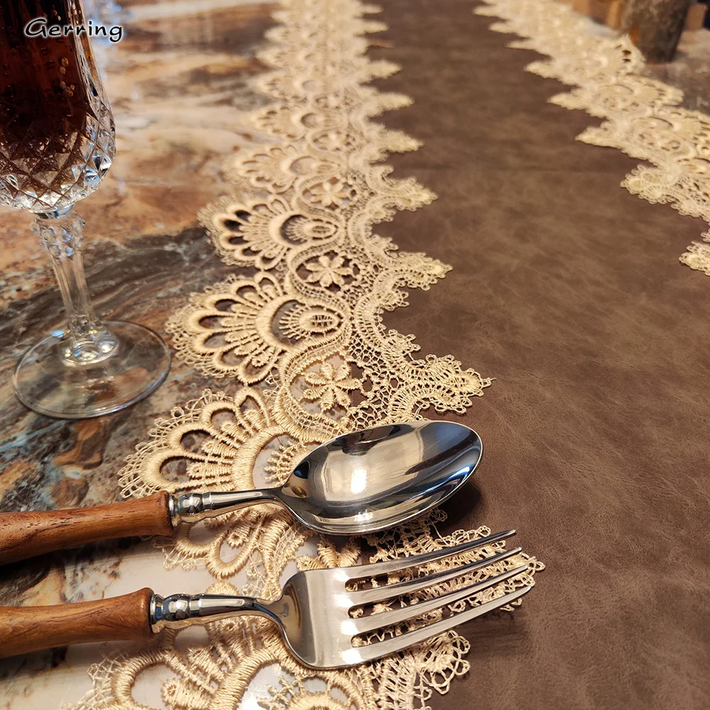 Gerring European Table Flag Waterproof And Oil Proof Wash Free Luxury Lace Tablecloth TV Cabinet Dust Cover Brown Table Runner