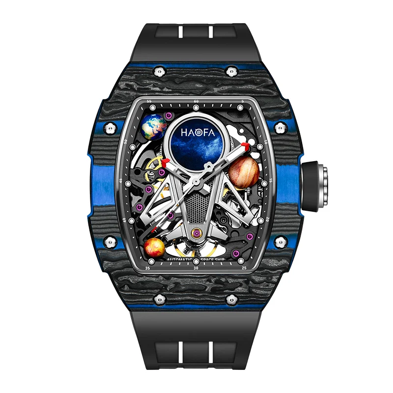 Haofa Automatic Mechanical Mens Watch 3D Interstellar Hollow Watch Carbon Fiber Sapphire Waterproof Luminous Casual Watch 1971