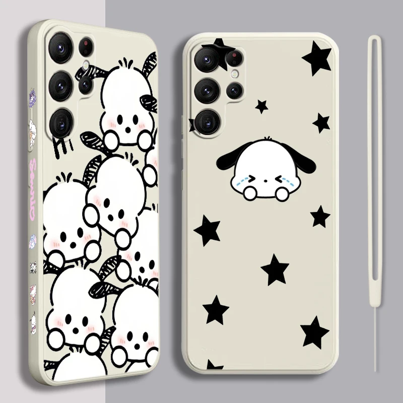 Cute Pacha Dog Sanrio Liquid Left Rope For Samsung Galaxy S24 S23 S22 S21 S20 FE S10 Ultra Plus Lite 5G Cover Soft Phone Case