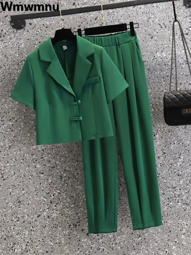 

Oversize Blazer Two Piece Sets Womens Short Sleeve Blazers Coats+Elastic High Waist Ankle Length Harem Pants Outfits For 95 KG