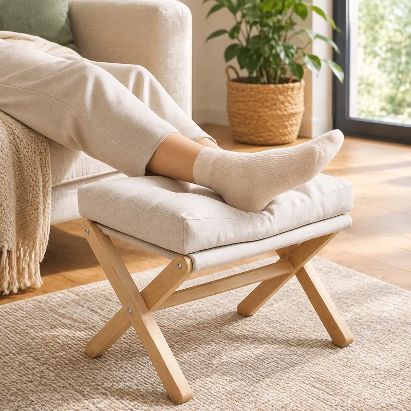 Wooden Folding Footstool with Plush Cotton Pad, Ideal for Entryway and Lounge Seating