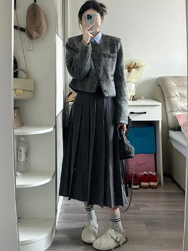 

Women's winter new high-end woolen coat shirt long pleated skirt three-piece set