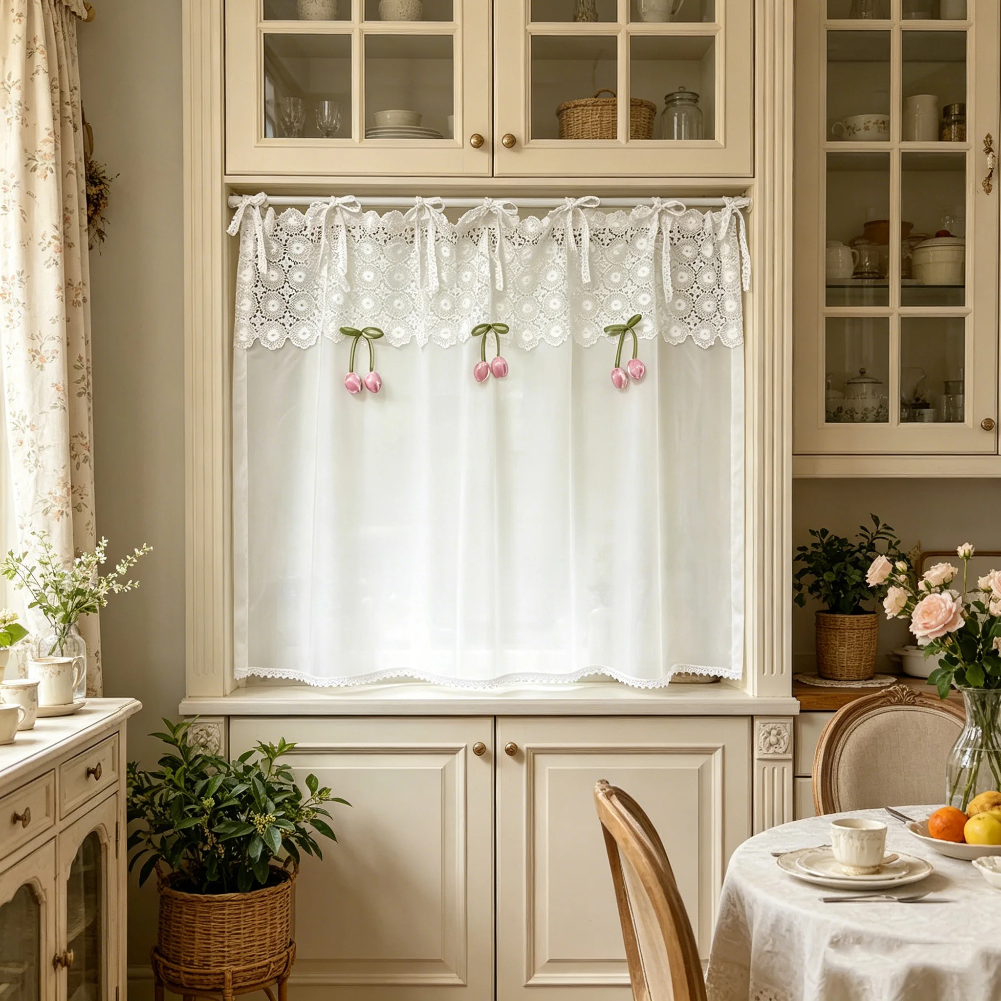 French Country Pink Tulip Sheer Curtain Hollow Floral Embroidery Lace Light Filtering Half Window Curtain for Kitchen Oven Bathr