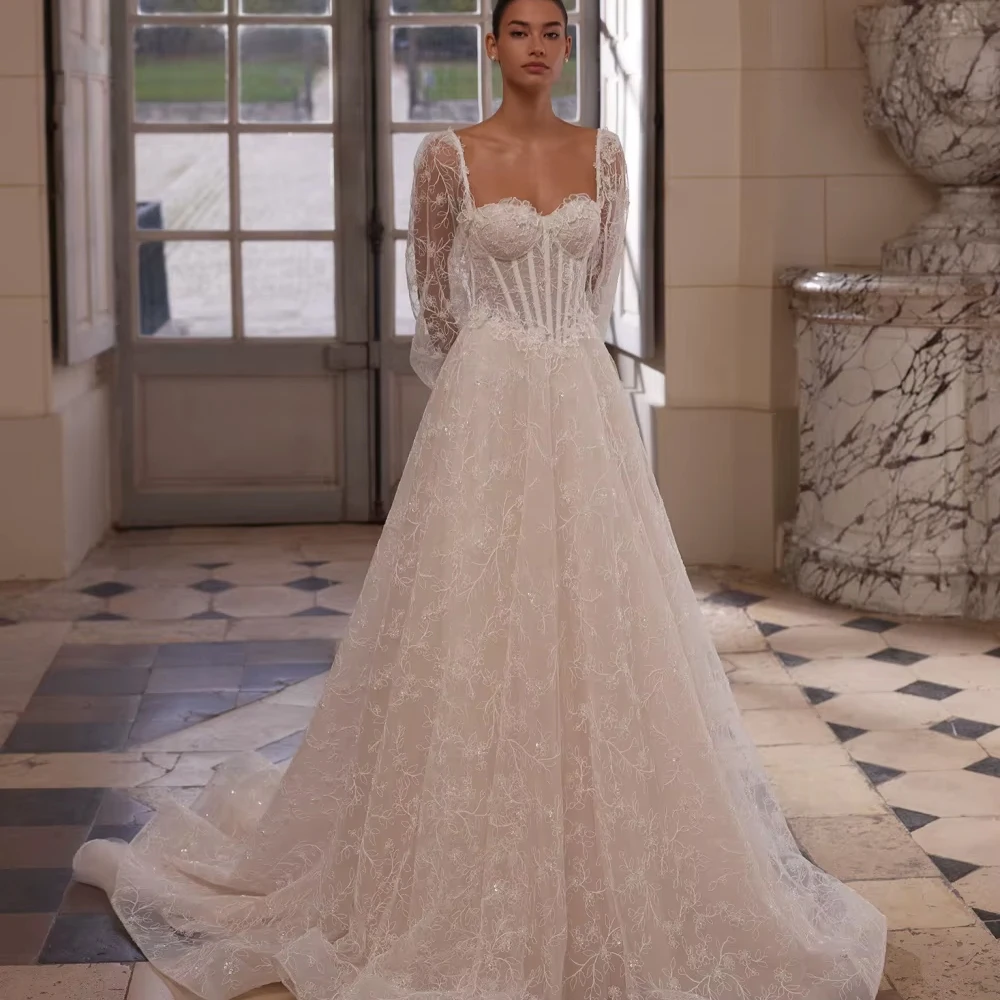 Customized Lace Glamorous Beaded Long Wedding Dress Romantic Sweetheart Neck Bridal Gown New Dreamy A-line Bridal Gown