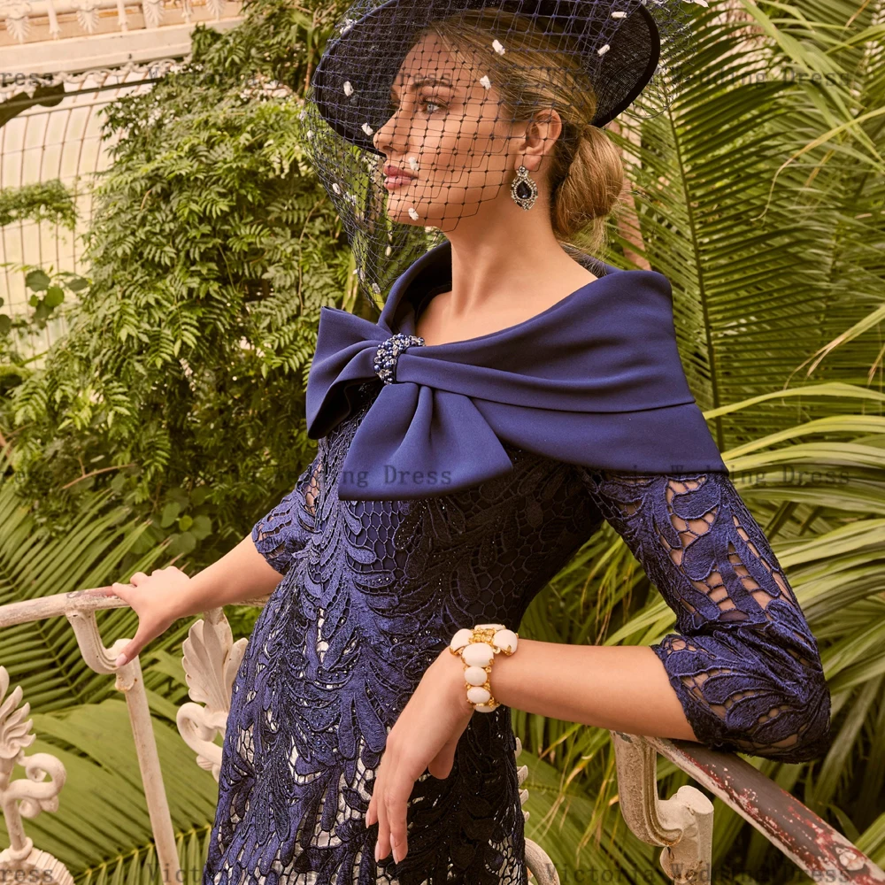 Vestido azul marino elegante para madre de la novia, vestidos de fiesta de boda con cuello en V, mangas 2024, encaje hasta el tobillo, línea A, 3/4