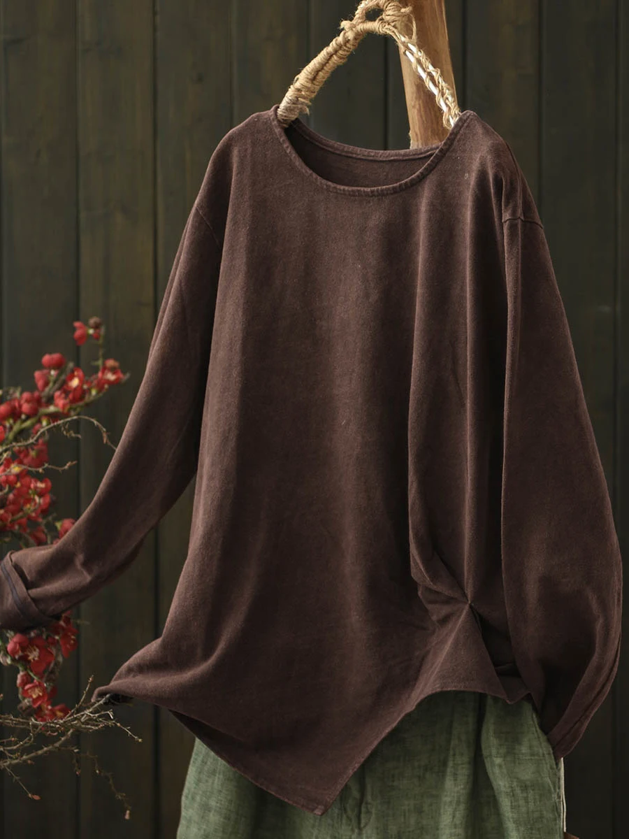 Special Offer Cotton Knitted Long Sleeve T-Shirt Women Loose Pleated Base Shirt Autumn New Style Casual Comfortable Breathable