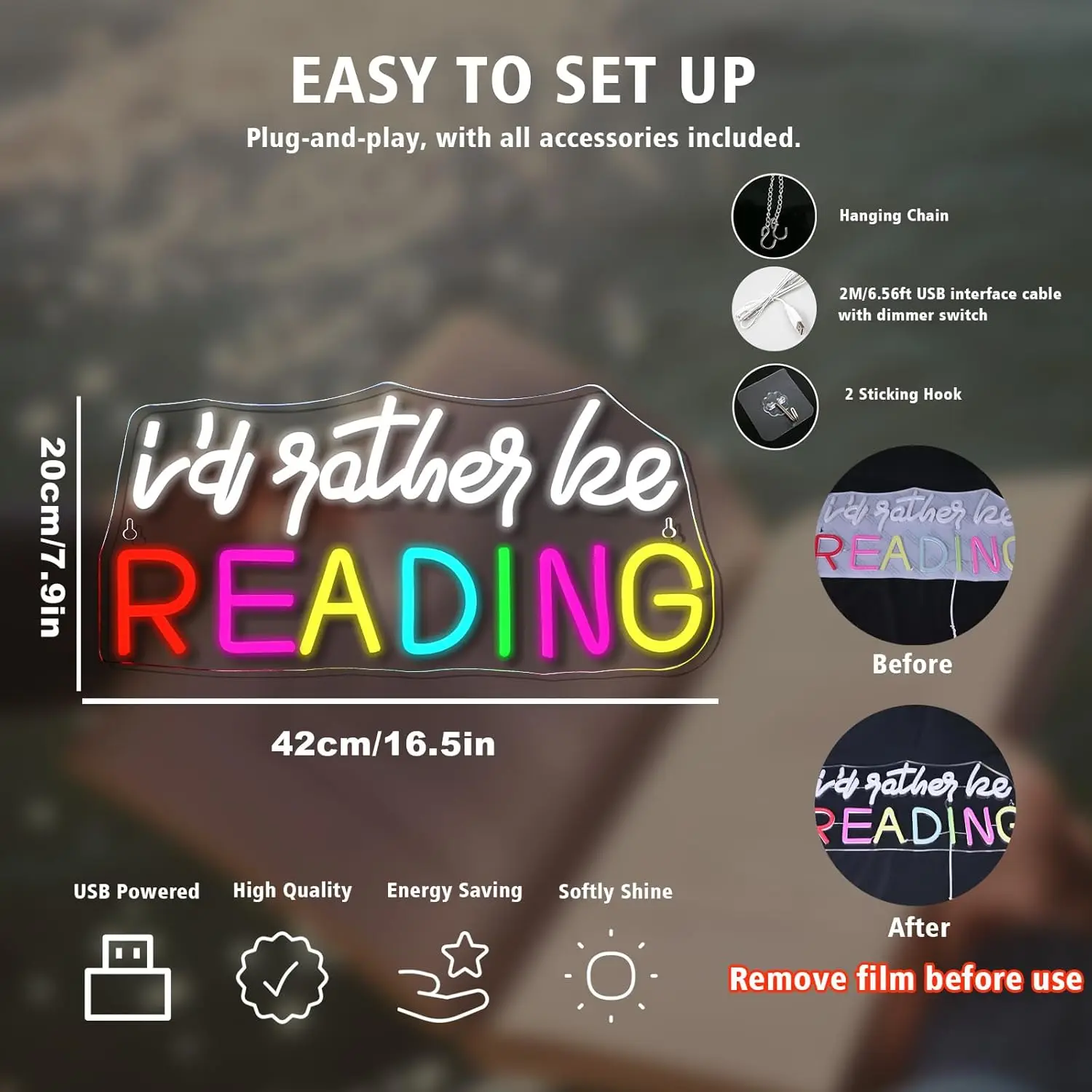 LED Neon Sign for Wall Decor I'd Rather be Reading Neon Light USB Powered Dimmable for Home Party Gift Office Bedroom Reading Ro