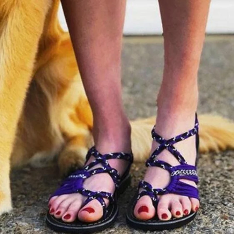 2021 Roman Summer Sandals Shoes Woman Color Matching Rope Knot Beach Toe Sandals Fashion Comfortable Women Plus Size Shoes