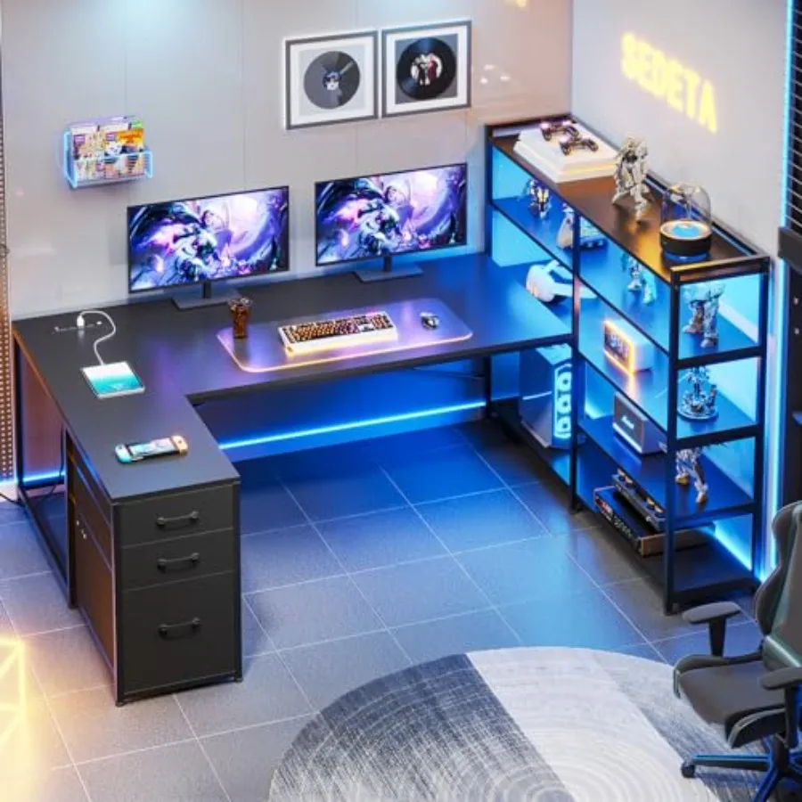 Gaming desk for home office use, engineered wood in matte black, reversible L-shaped design with storage drawers and shelves