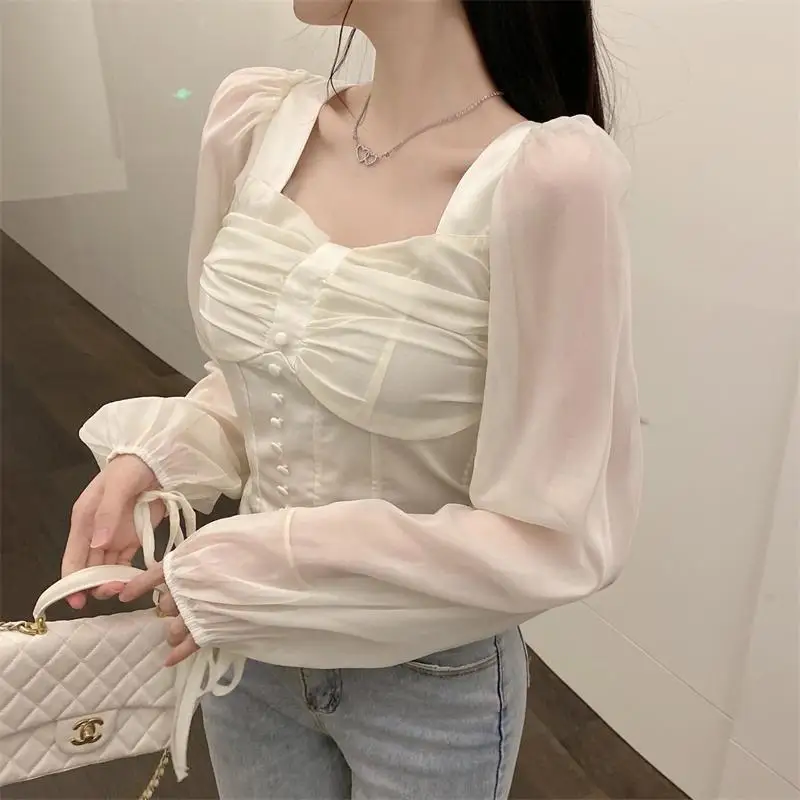 Spring Clothing New Style Pure Desire High-end White Chiffon Shirt Women\'s Design Sense Niche Chic Short Top