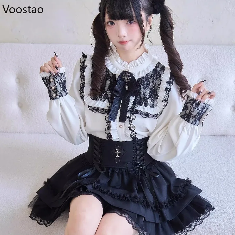 Japanese Dark Gothic Lolita Style Skirt Sets Women Harajuku Y2k Lace Bow Shirt Stripe Mini Cake Skirt Female Sweet Slim Outfits