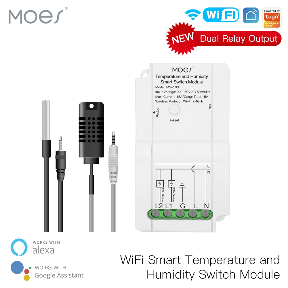 WiFi Smart Temperature Humidity Switch Module Sensor Dual Relay Output Smart Life App Wireless Controller Work with Alexa Google