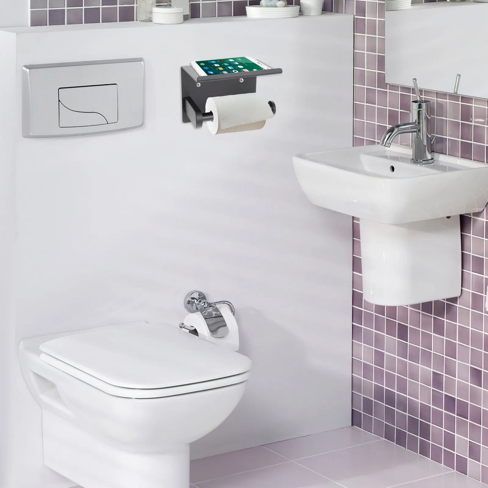 

Wall Mounted Toilet Paper Holder Stainless Steel Thickened Rod Punch Free Storage Shelf Tissue Roll Holder Waterproof Moisture