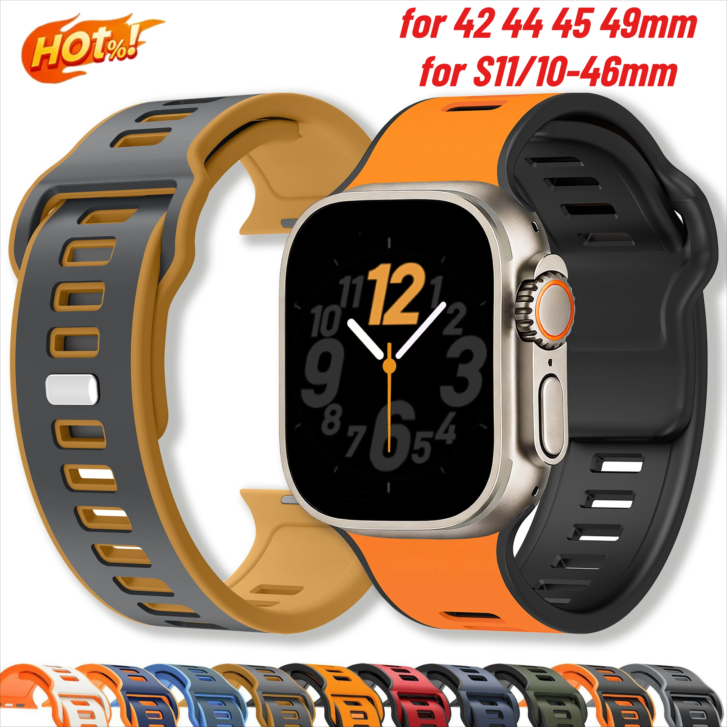 Two Tone Silicone Adjustable Sport Strap Belt for Iwatch Series 11 10 9 8 7 6 Ultra 3/2 for Apple Watch 42 44 45 46 49mm