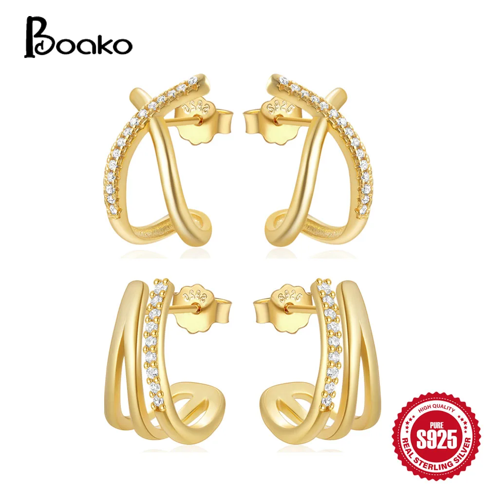 

BOAKO 100% 925 Sterling Silver Luxury Cubic Zirconia Earrings For Women Triple Claw Cross Shaped Zircon Stud Earring Brincos